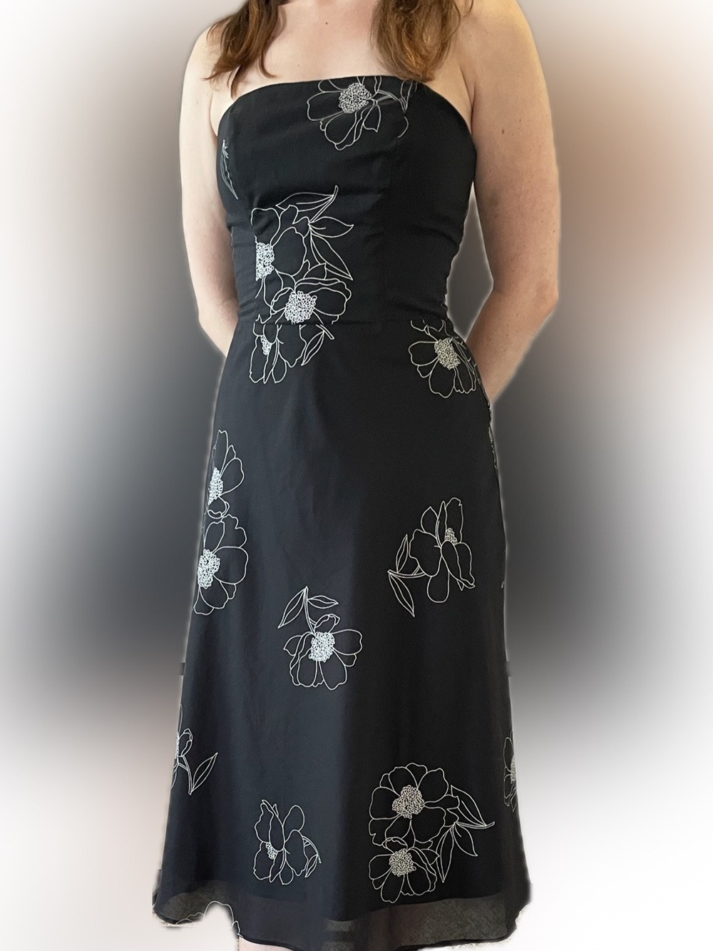 White House Black Market Strapless Black Embroidered Floral Midi Dress 2